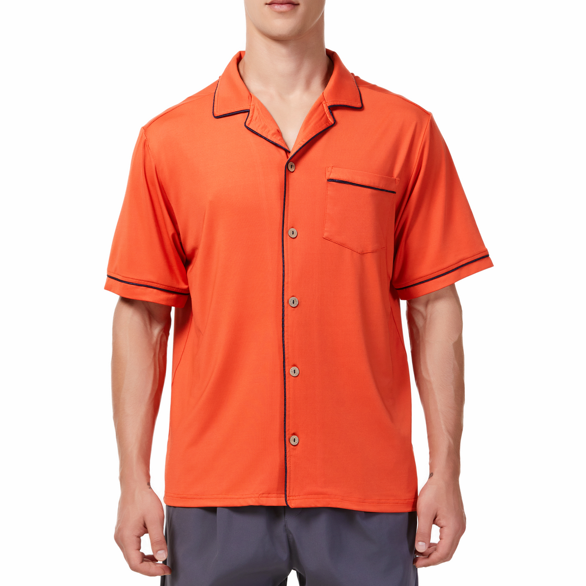ÊMen's Short Sleeve Orange Camp Shirt with a Chest Pocket in Soft