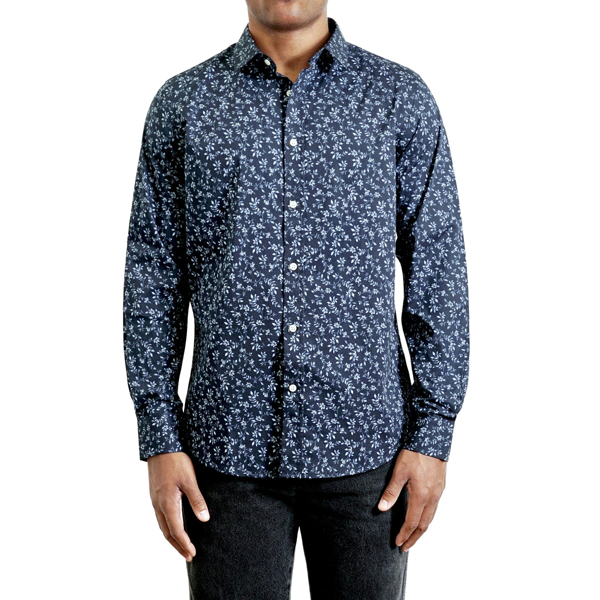 Men's Long Sleeve Woven Button Up Shirt In A Calico Navy Floral Pattern –  Hyden Yoo