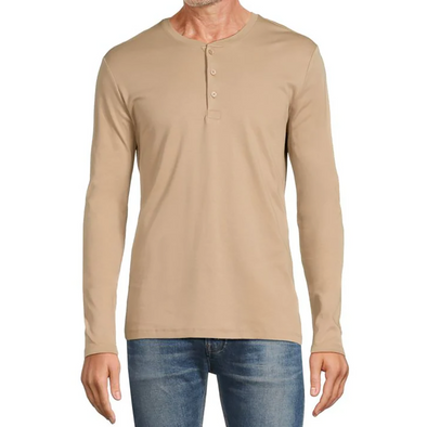 Men's Tan cotton jersey knit pullover long sleeve 3 button henley shirt - front view