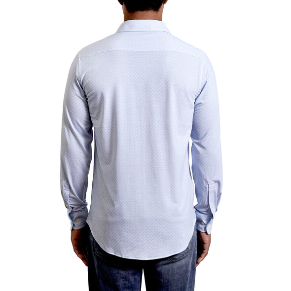 back view of a men's long sleeve, light blue button up dress shirt on a blakc model