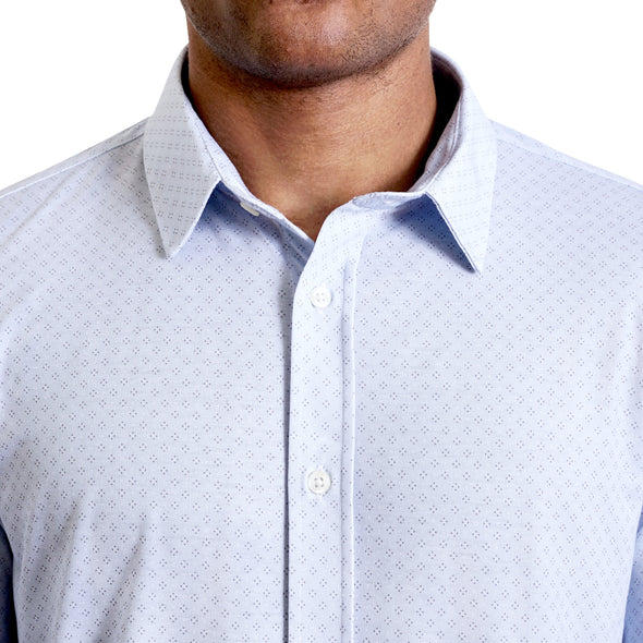 close up view of the collar and neck area of  a light blue button up knit shirt on a black male model