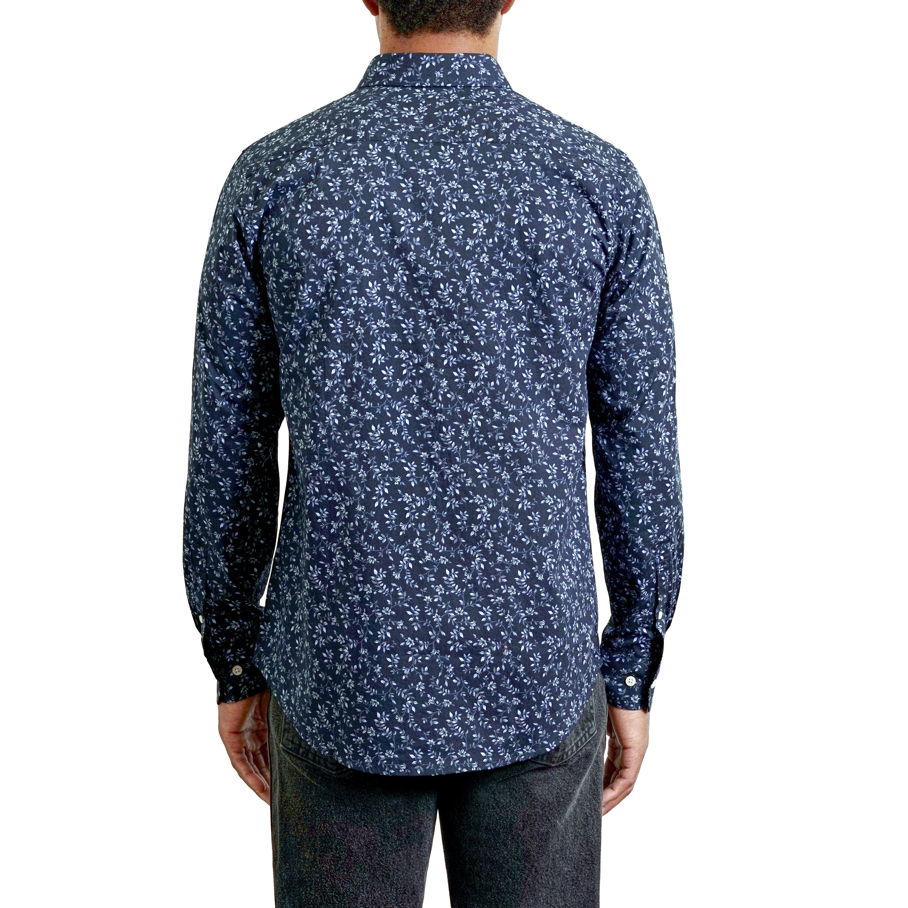 Men's Long Sleeve Woven Button Up Shirt In A Calico Navy Floral Pattern Hyden Yoo Men's Long Sleeve Woven Button Up Shirt In A Calico Navy Floral Pattern Hyden Yoo