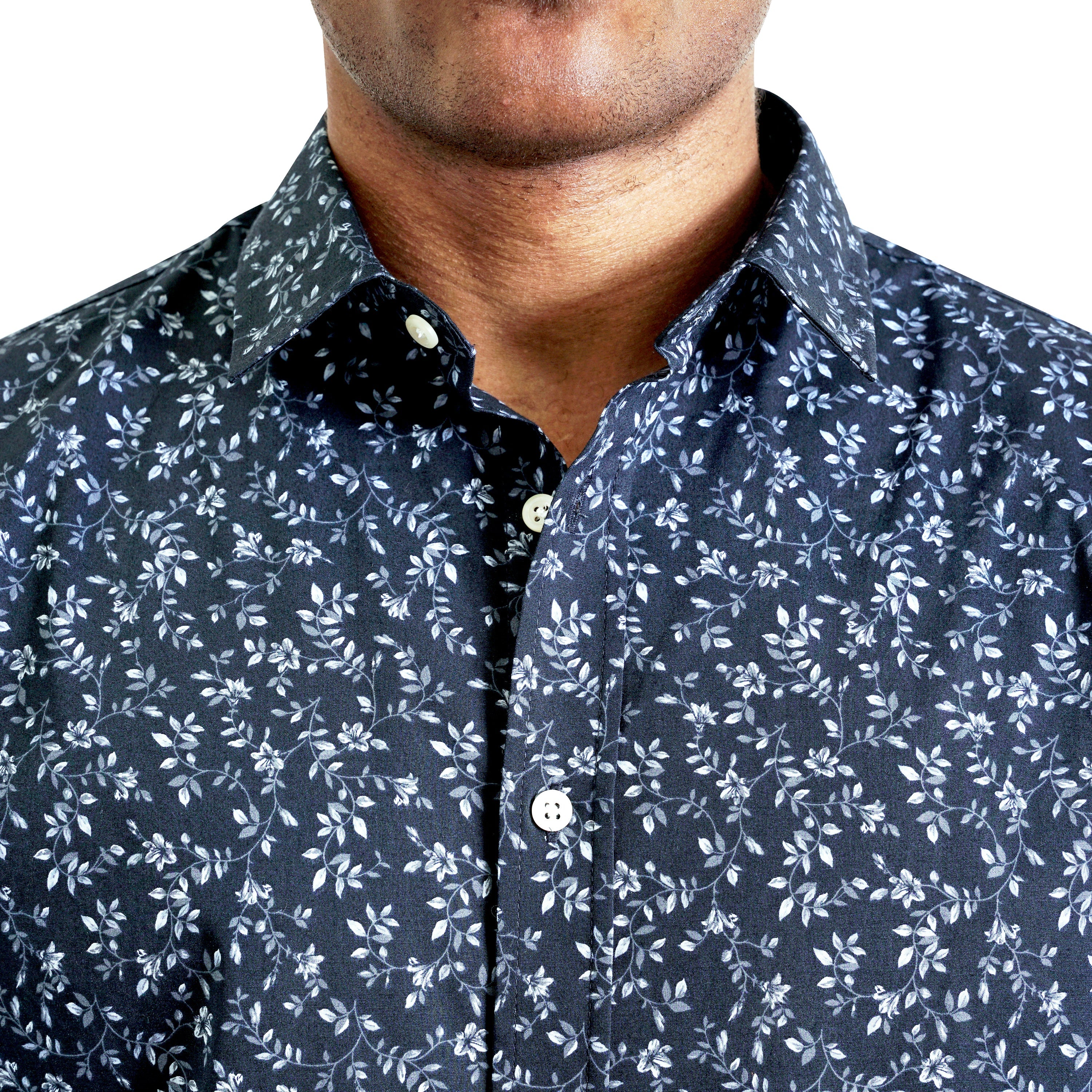 Men's Long Sleeve Woven Button Up Shirt In A Calico Navy Floral Pattern Hyden Yoo Men's Long Sleeve Woven Button Up Shirt In A Calico Navy Floral Pattern Hyden Yoo