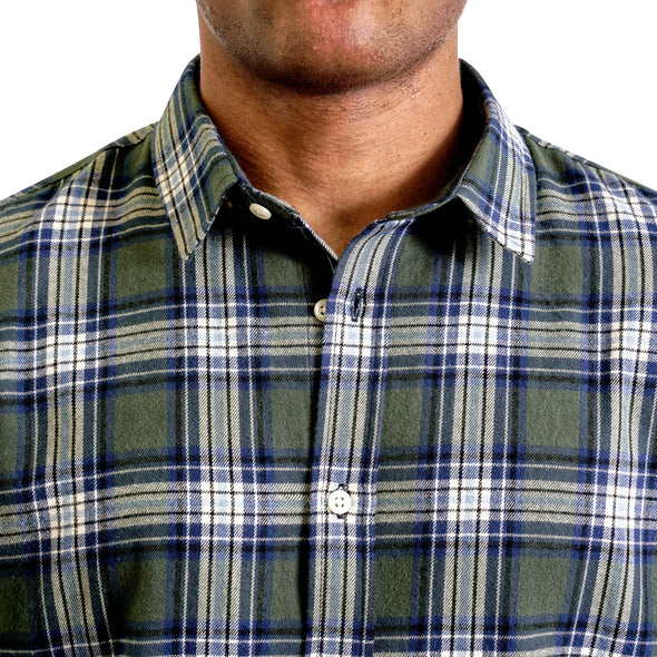 close up view of the collar and neck area of woven button up shirt in  green and off-white plaid on a black male model