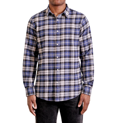 Men's green and off-white plaid cotton button up shirt long sleeve on a black model - front view