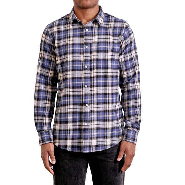 Men's green and off-white plaid cotton button up shirt long sleeve on a black model - front view
