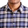 close up view of the collar and neck area of woven button up shirt in blue and white plaid on a black male model