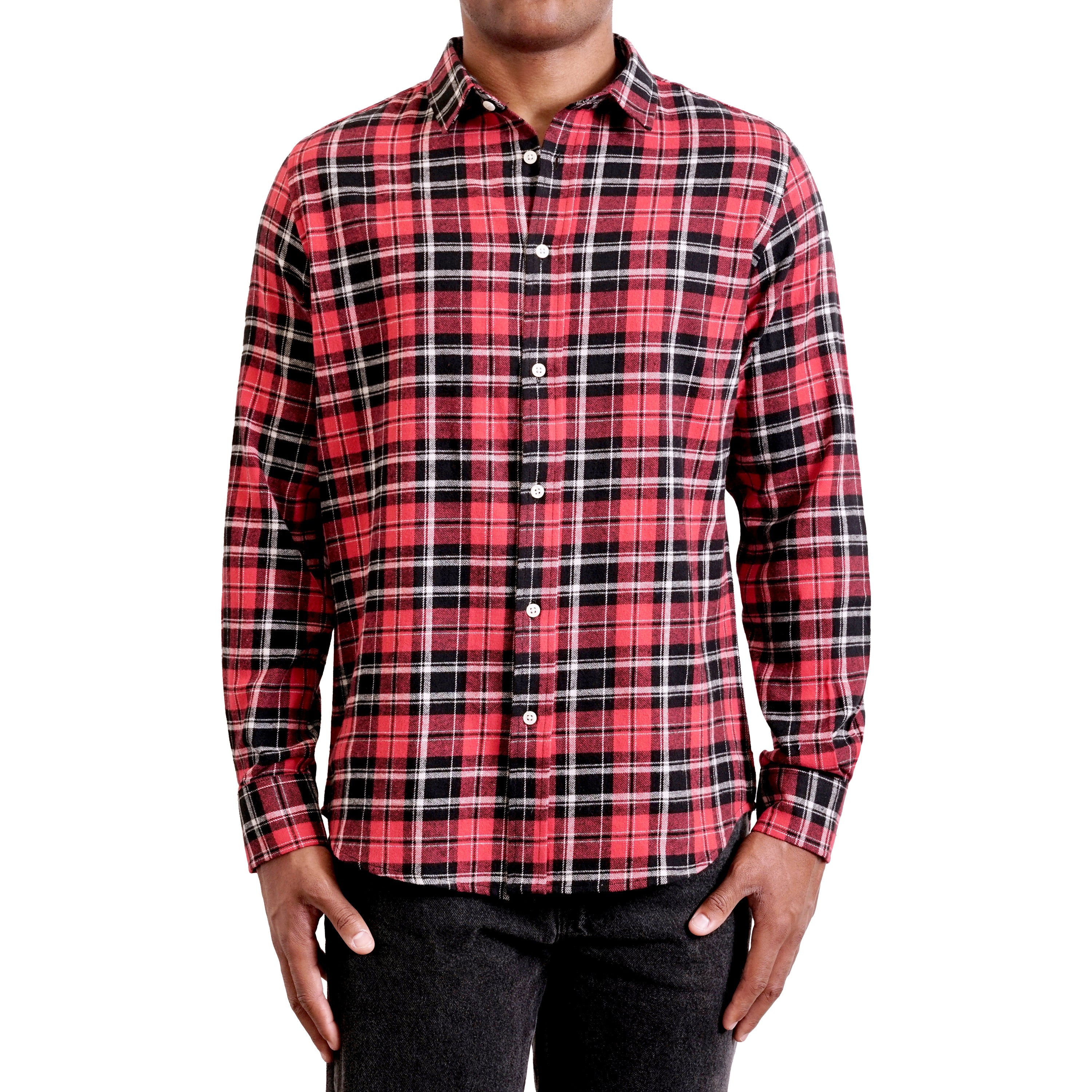 Men's Long Sleeve Red Plaid Flannel Button Up Shirt In 100% Cotton Hyden Yoo Men's Long Sleeve Red Plaid Flannel Button Up Shirt In 100% Cotton Hyden Yoo