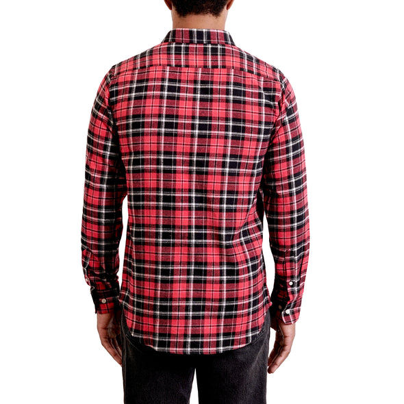 back view of a men's long sleeve, red plaid flannel button up woven dress shirt in cotton on a black model