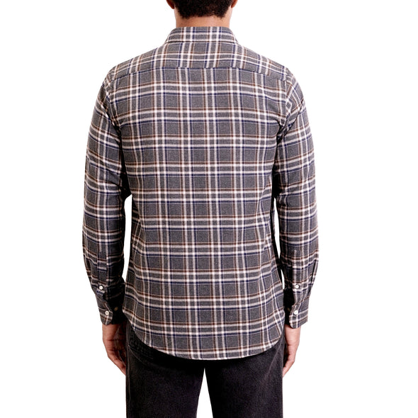back view of a men's long sleeve,gray plaid button up flannel casual button up shirt in organic cotton on a black model