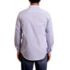 Back view of a men's long sleeve, button up woven organic cotton blue and white pinstripe dress shirt. Worn by a black male model