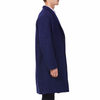 Men's long sleeve navy wool blend overcoat with 2 buttons at the front closer, large welt waist pockets and slightly oversized on a model - side view