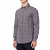 Men's black and white plaid patterned, long sleeve button up shirt with a pointed collar on a model. Image is cropped to the torso and model is angled to the models right