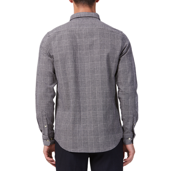 Men's black and white plaid patterned,  long sleeve button up shirt with a pointed collar on a model. Image is cropped to the torso and a back view of the shirt