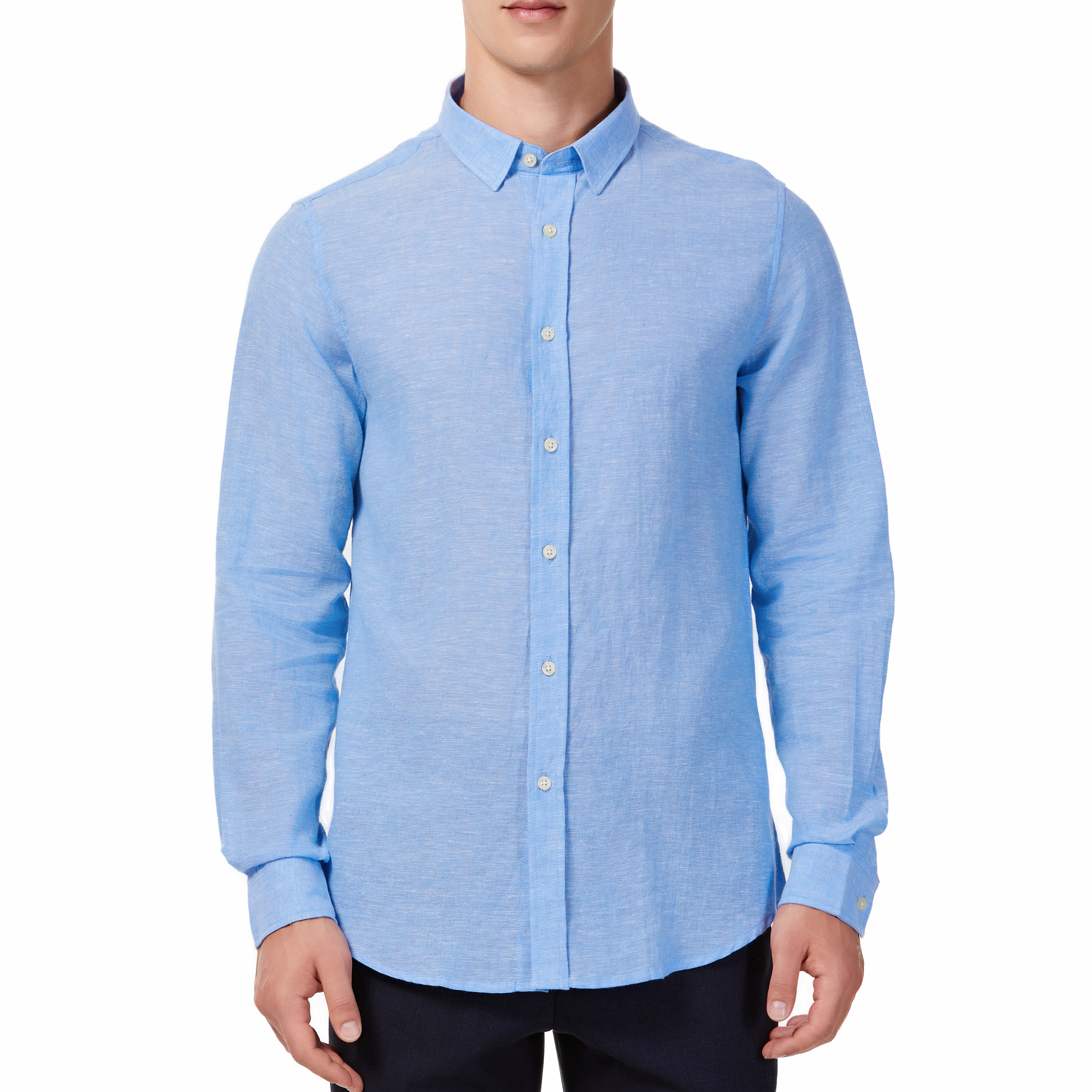 Men's Cotton Linen Long Sleeve Shirt - Solid Color Ethnic Beach Yoga Top, Light Blue, Medium