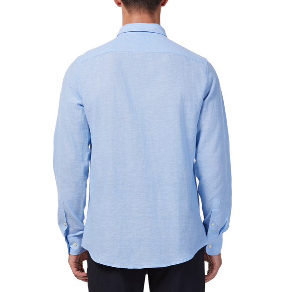 Men's bright blue linen long sleeve button up shirt with a pointed collar on a model. Image is cropped to the torso and a back view of the shirt