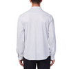 Men's white button up shirt with a dark blue dotted pattern all over, has long sleeves, button up front and pointed collar. made from knit fabric on a model - back view