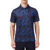 Men's Short sleeve polo shirt in a blue and black allover palm frond print. Has a 3 button front colosure and pointed blue collar made from knit fabric on a model - front view