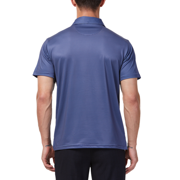 Men's blue mini striped short sleeve polo shirt. Has a 3 button front colosure and pointed blue collar made from knit fabric on a model - back view