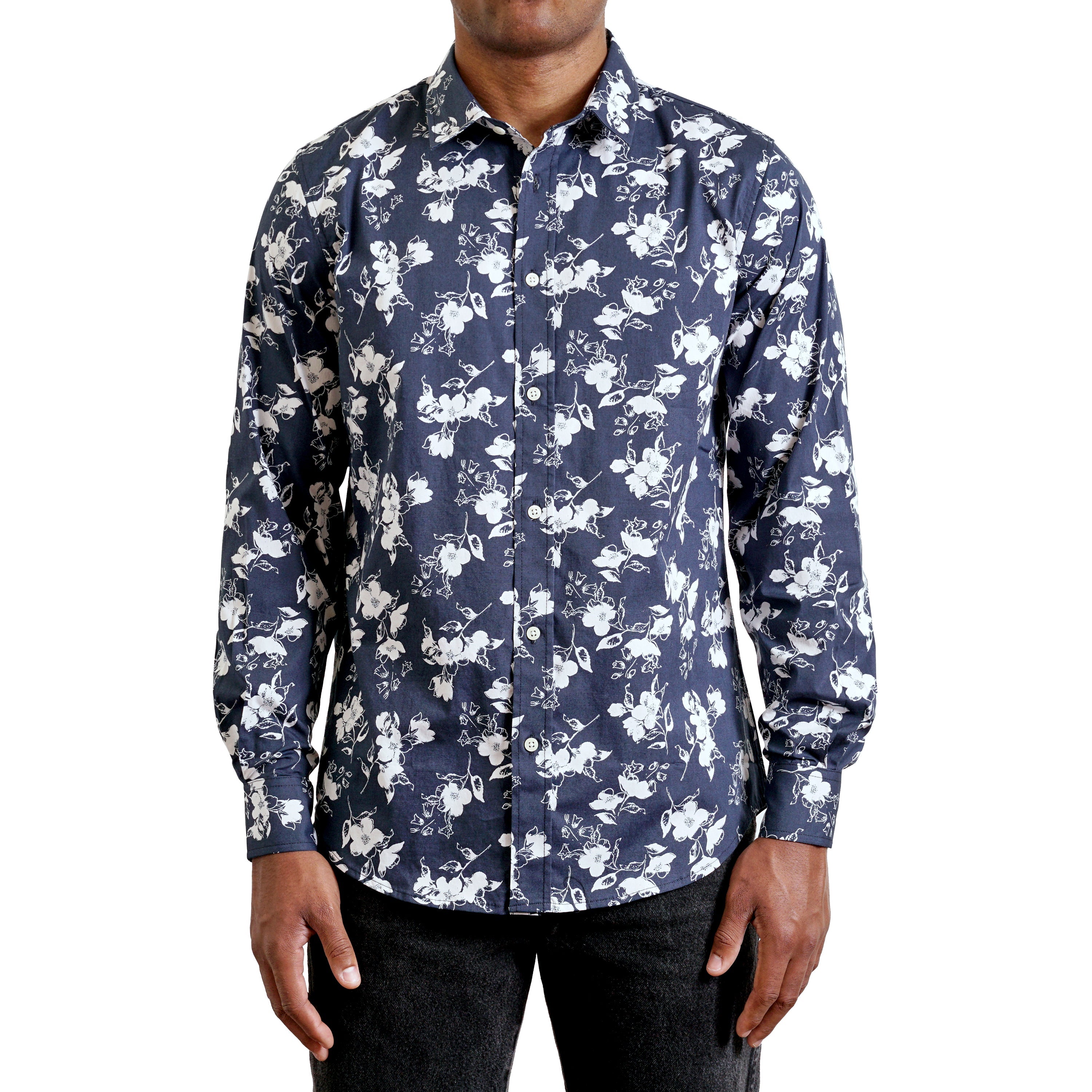 Men's Navy Long Sleeve Contemporary Print Button Up Shirt. Hyden Yoo Men's Navy Long Sleeve Contemporary Print Button Up Shirt. Hyden Yoo