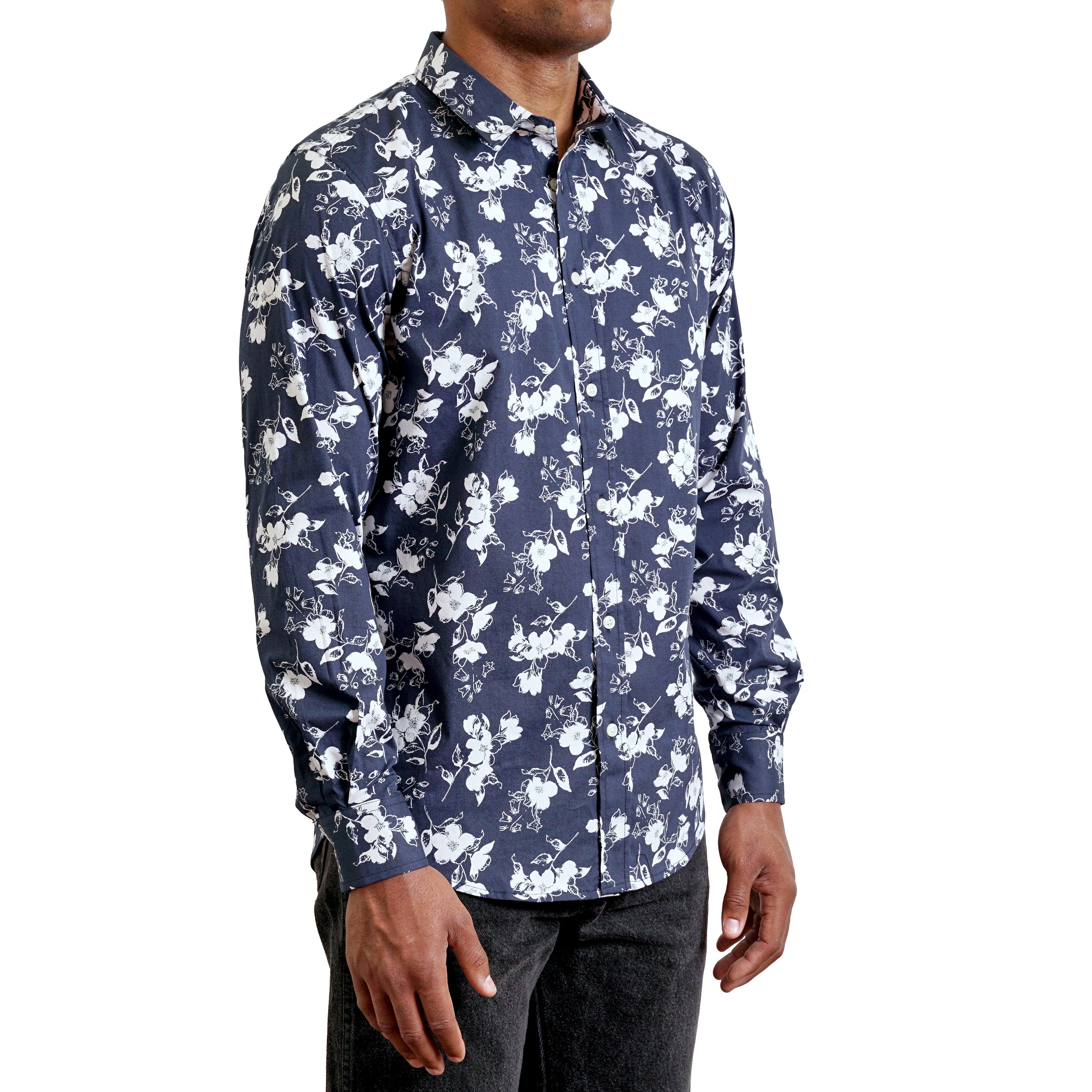Men's Navy Long Sleeve Contemporary Print Button Up Shirt. Hyden Yoo Men's Navy Long Sleeve Contemporary Print Button Up Shirt. Hyden Yoo