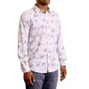 three quarters side view of men's long sleeve, slim fit, contemporary navy floral print button up shirt on a black model. Print is a line drawn navy floral motif on a white ground cotton fabric