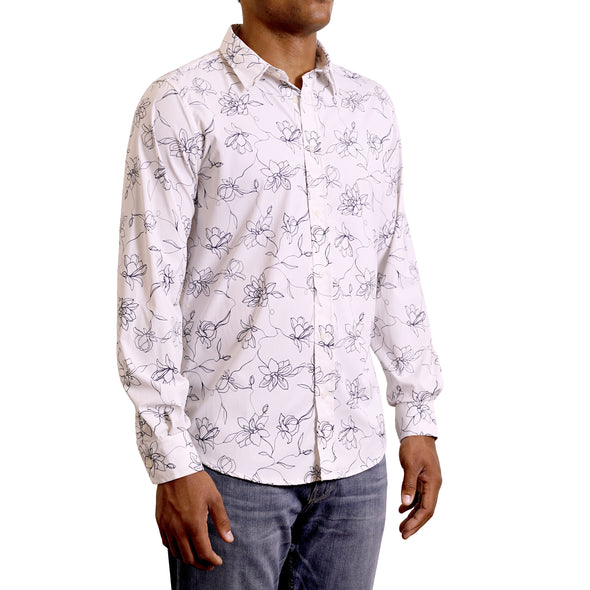 three quarters side view of men's long sleeve, slim fit, contemporary navy floral print button up shirt on a black model. Print is a line drawn navy floral motif on a white ground cotton fabric